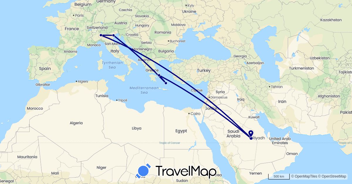 TravelMap itinerary: driving in Greece, Italy, Saudi Arabia (Asia, Europe)